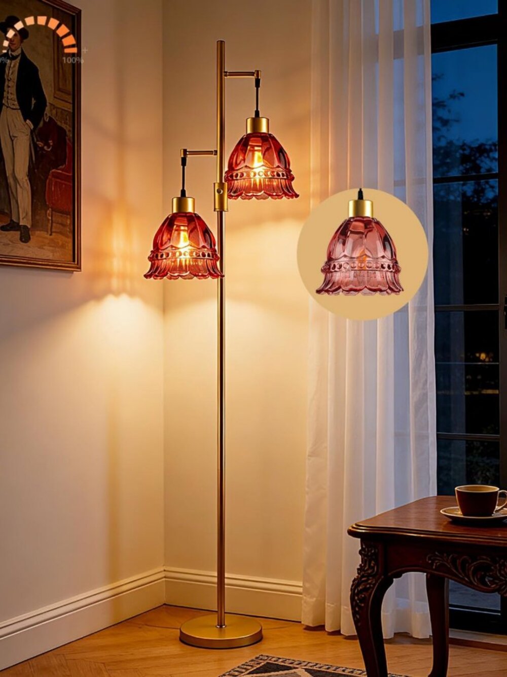 Dimmable 2-Light Tall Floor Lamp with Red Tulip Shades & Gold Base - Elegant